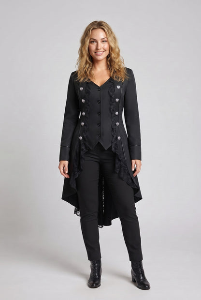 Women's elegant tailcoat with lace accents and decorative button placket EVA-US