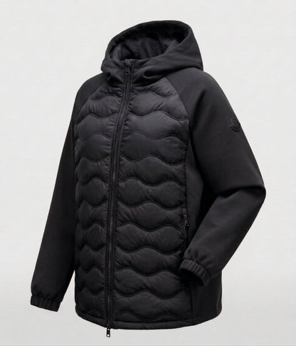 Women's non-quilted hybrid hoodie jacket with padded front and loose sweatshirt sleeves