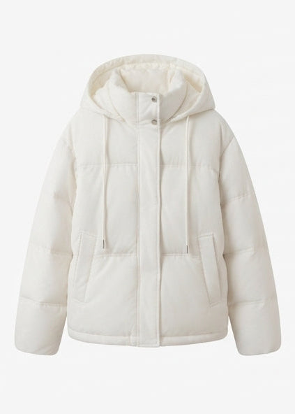 Women's short quilted hooded blouse with teddy inner collar, concealed two-way zipper, and adjustable hem