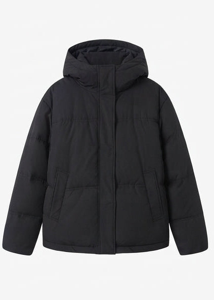 Women's short quilted hooded blouse with teddy inner collar, concealed two-way zipper, and adjustable hem