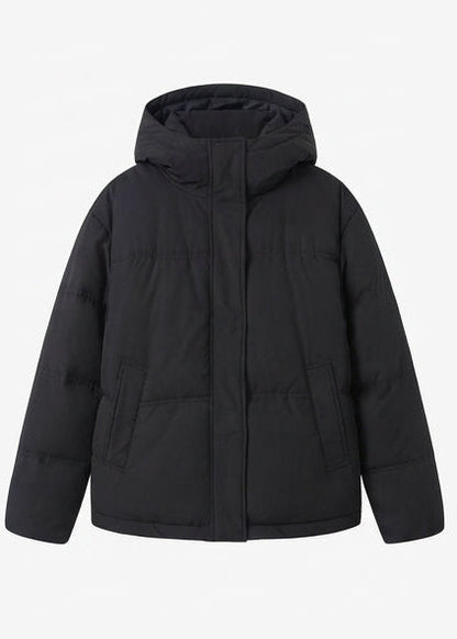 Women's short quilted hooded blouse with teddy inner collar, concealed two-way zipper, and adjustable hem