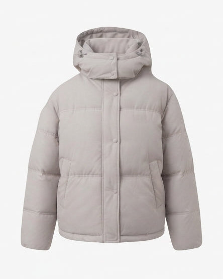 Women's short quilted hooded blouse with teddy inner collar, concealed two-way zipper, and adjustable hem
