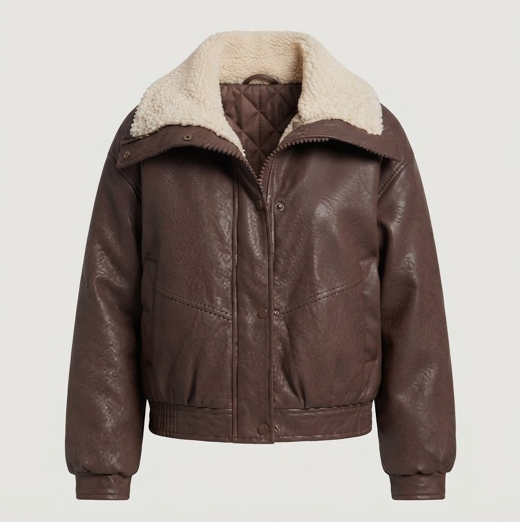 Women's short bomber with teddy collar and warming thermal lining