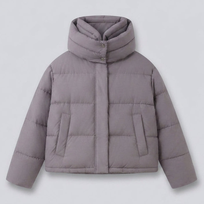 Women's nan boxy short quilted jacket with extra high hood trim and soft cuffs