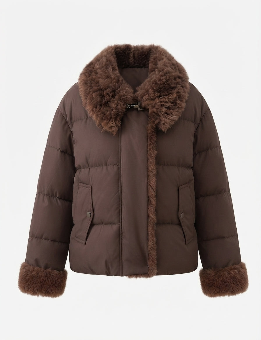 Women's short quilted jacket with voluminous faux fur collar, teddy trim on sleeves and concealed button placket