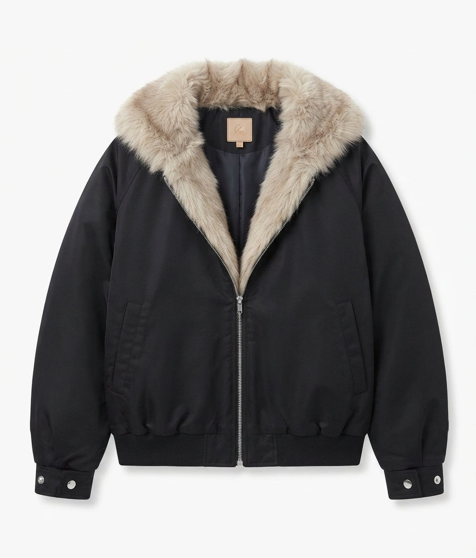 Ladies short faux fur bomber jacket with contrasting cuffs