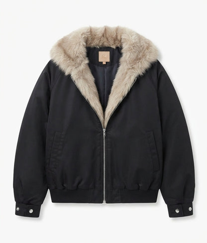 Ladies short faux fur bomber jacket with contrasting cuffs