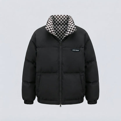 Women's short thermal puffer jacket with checked reversible lining and high stand-up collar