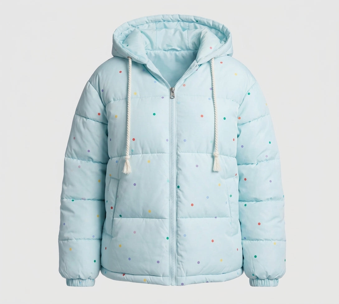 Women's non-quilted oversized puffer jacket with colorful dot appliqués and hood
