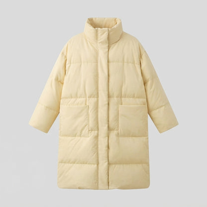 Women's nano extralong padded comfort puffer with noise-reducing surface, high stand collar, and generous oversized silhouette