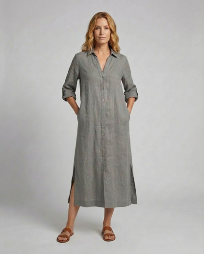 Linen Maxi Dress Women with Button Placket