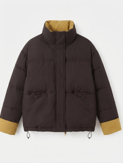 Women's short padded boxy jacket with stand-up collar and concealed button placket