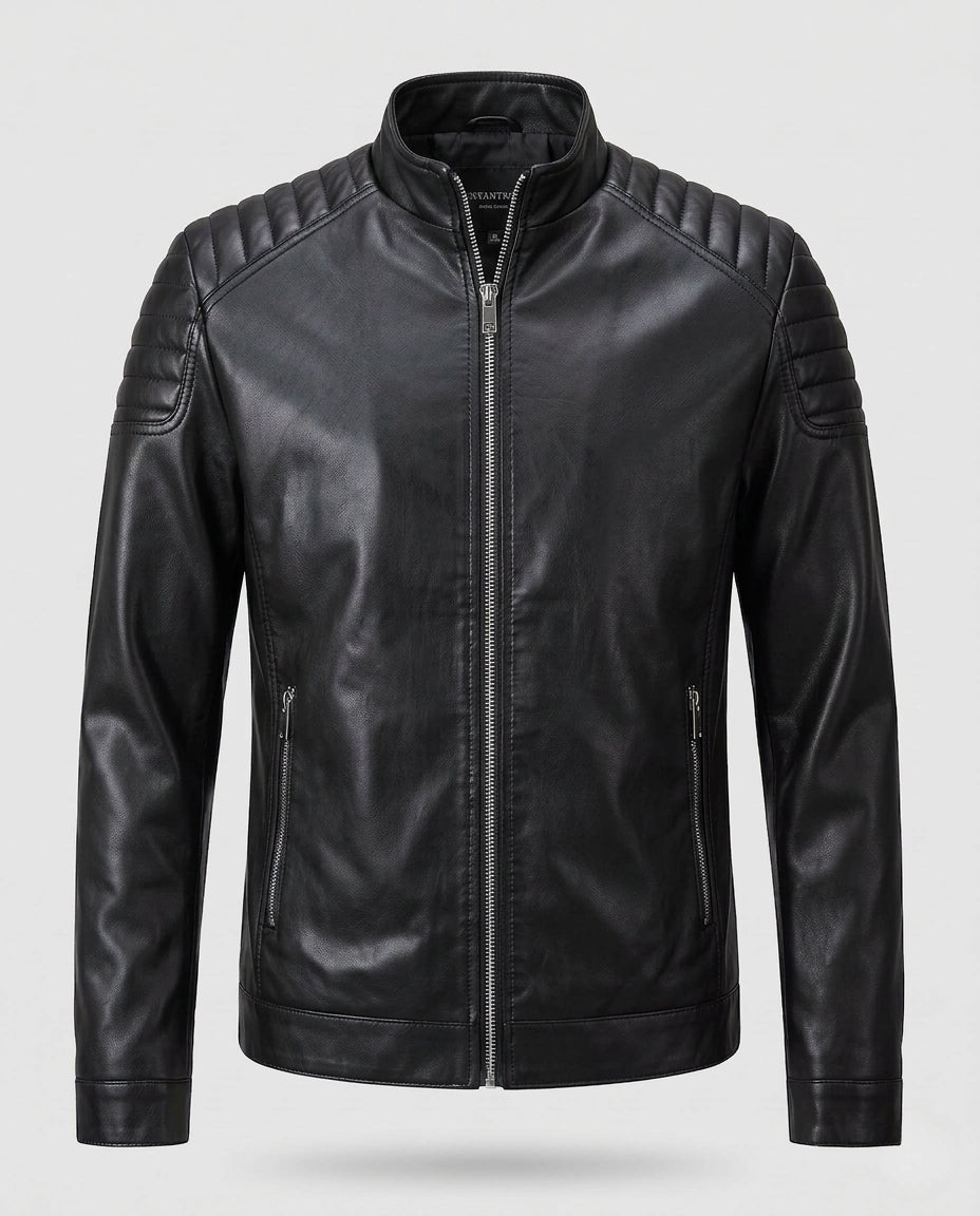 Men's Fitted Leather Look Motorcycle Jacket with Vertical Zipper and Padded Shoulder Panels EVA-US