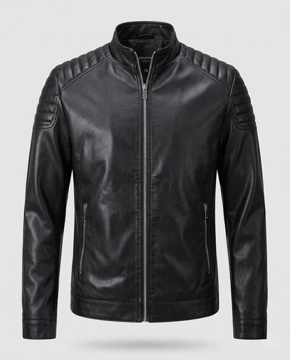 Men's Fitted Leather Look Motorcycle Jacket with Vertical Zipper and Padded Shoulder Panels EVA-US