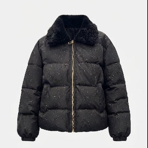 Women’s non-padded puffer jacket with glitter effect and cozy faux fur collar
