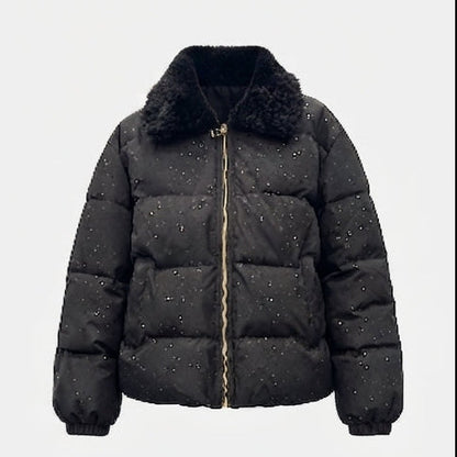 Women’s non-padded puffer jacket with glitter effect and cozy faux fur collar