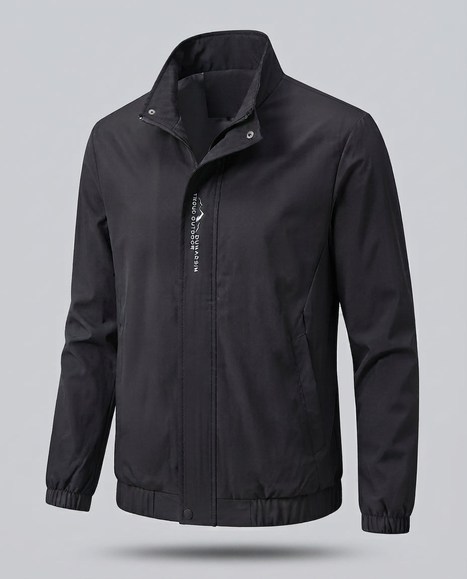 Men's lightweight microfiber windbreaker with stand-up collar, water-repellent surface, and concealed pockets