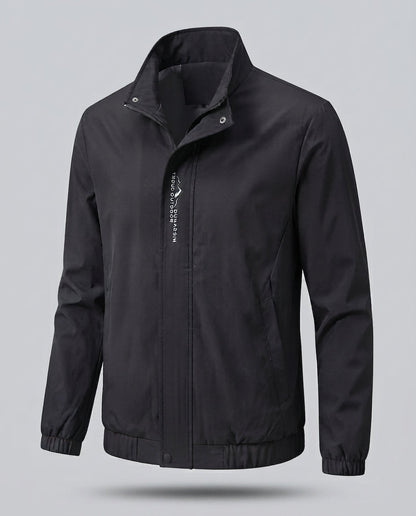 Men's lightweight microfiber windbreaker with stand-up collar, water-repellent surface, and concealed pockets