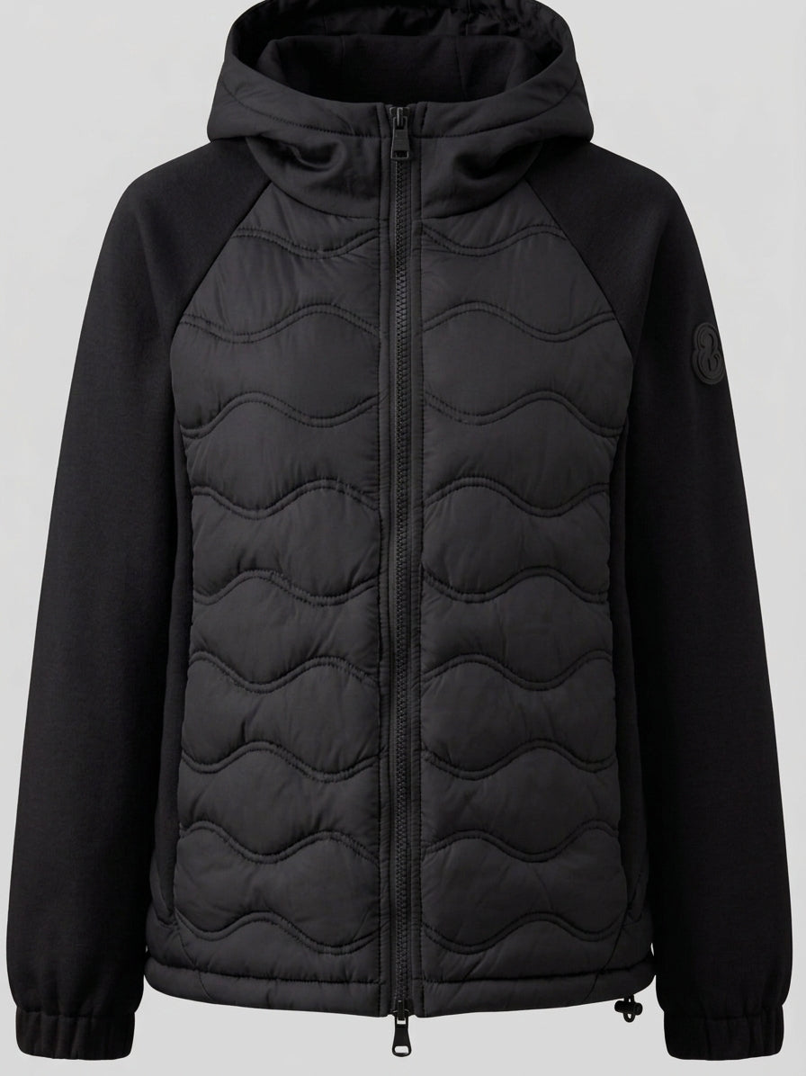 Women's quilted hybrid hoodie jacket with fleece sleeves, elastic cuffs, and wave quilting