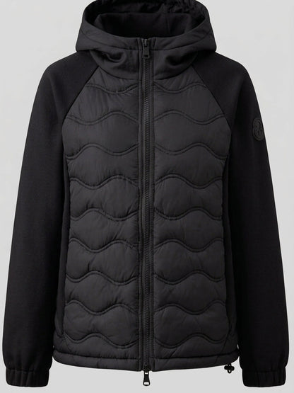 Women's quilted hybrid hoodie jacket with fleece sleeves, elastic cuffs, and wave quilting