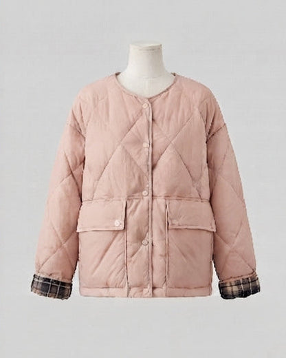Women's quilted boxy short jacket with concealed snap button placket and extra large patch pockets