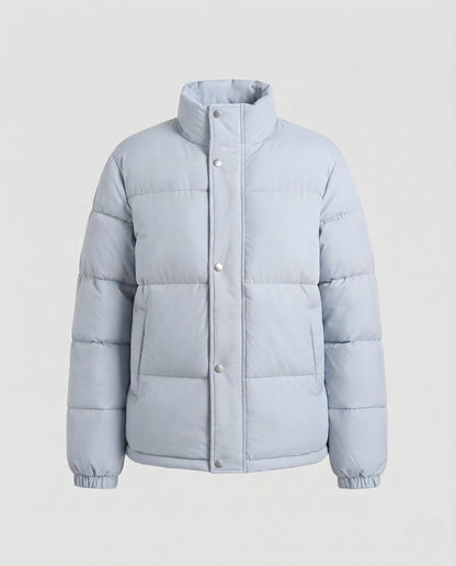 Women's nano short boxy padded jacket with high collar trim, concealed two-way zipper and elastic cuffs