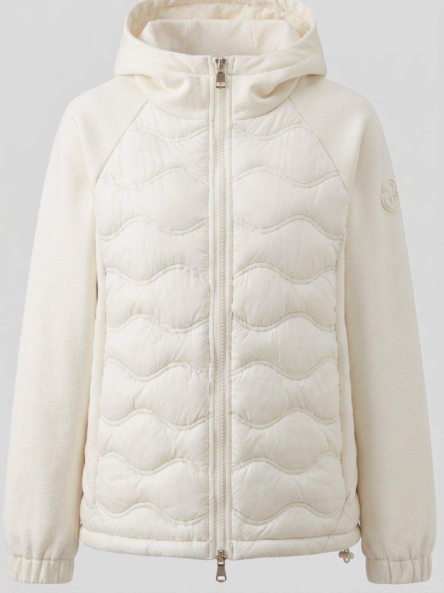 Women's quilted hybrid hoodie jacket with fleece sleeves, elastic cuffs, and wave quilting
