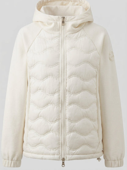 Women's quilted hybrid hoodie jacket with fleece sleeves, elastic cuffs, and wave quilting