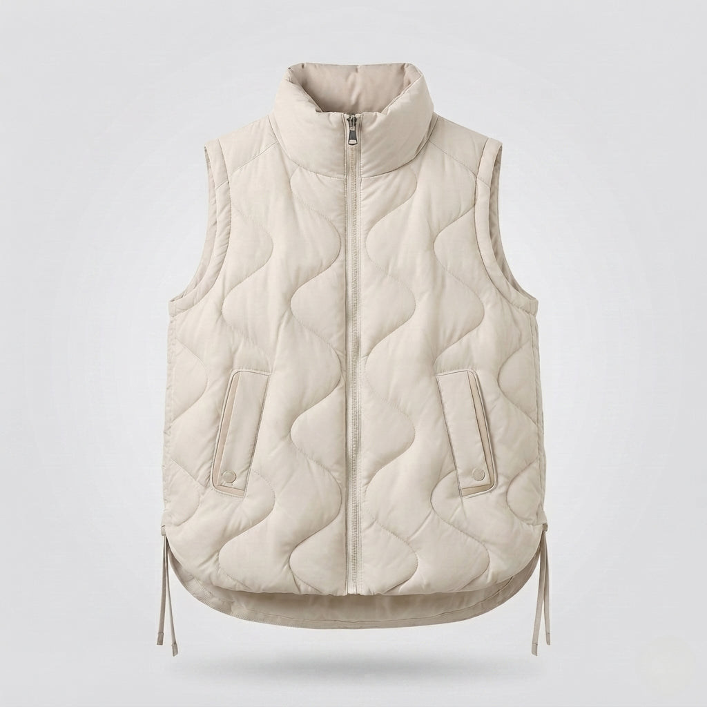 Women's sleeveless microfiber insulation vest with wavy quilting and adjustable drawstring hem