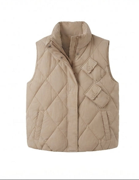 Women's quilted thermal vest with high collar, decorative flap pockets, and adjustable hem