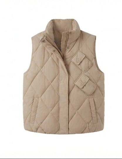Women's quilted thermal vest with high collar, decorative flap pockets, and adjustable hem