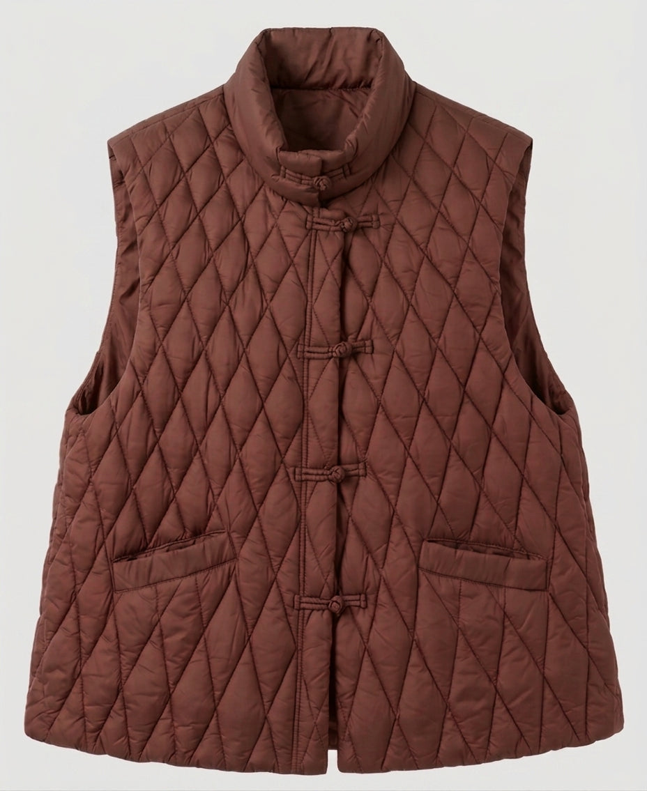 Women's quilted sleeveless jacket with mandarin collar and decorative knot closures