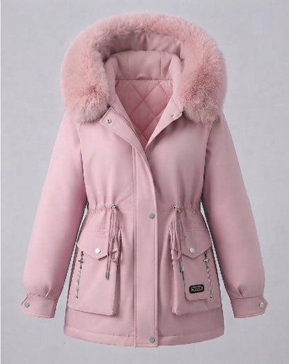 Women's short insulated utility parka with modular cargo pockets and voluminous fur collar