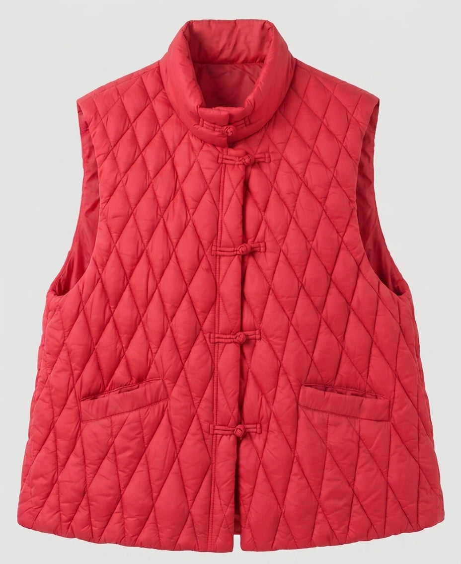 Women's quilted sleeveless jacket with mandarin collar and decorative knot closures