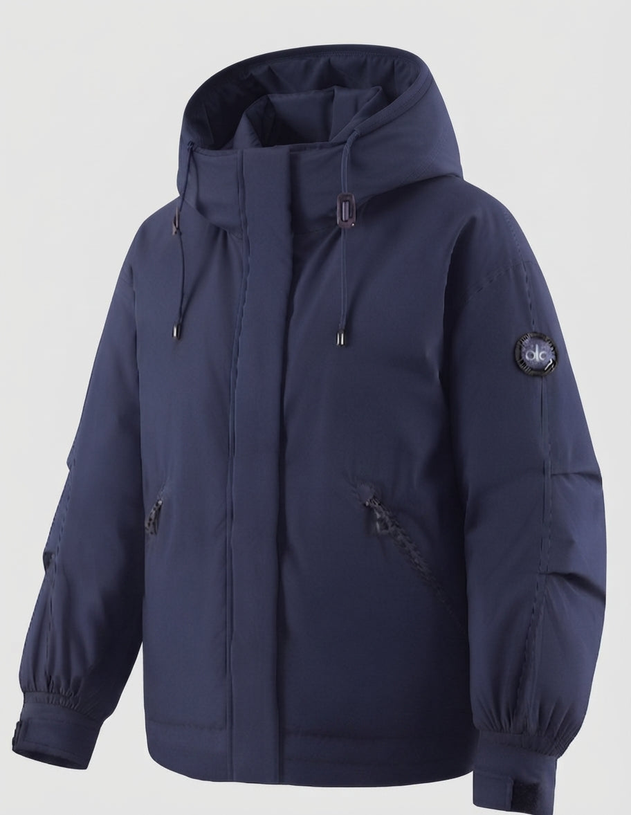 Women's nan windproof hoodie parka in a short cut with thermal padding and concealed front placket