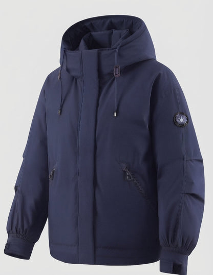Women's nan windproof hoodie parka in a short cut with thermal padding and concealed front placket