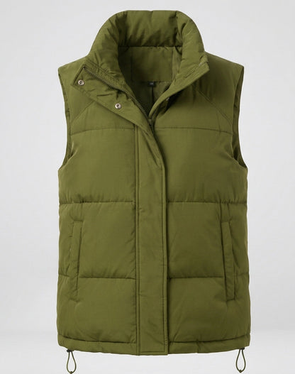 Women's quilted insulation vest with extra high polo collar, concealed snap button placket and side zip pockets