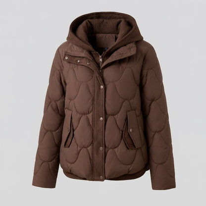 Women's short quilted boxy hooded jacket with organic round quilting and concealed front placket