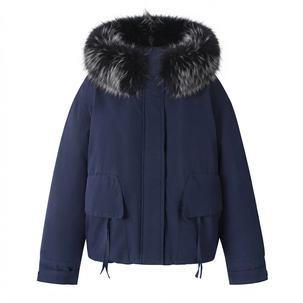 Women's short insulation jacket in boxy cut with voluminous faux fur trim and functional flap pockets