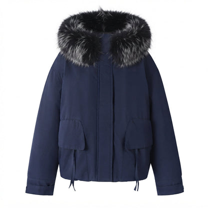 Women's short insulation jacket in boxy cut with voluminous faux fur trim and functional flap pockets