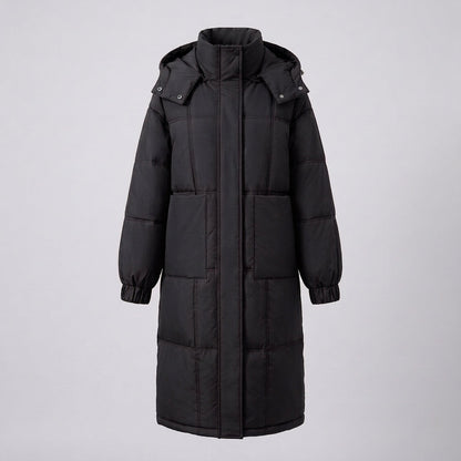 Women's nan extra long straight quilted coat with noise-reducing outer shell, elastic cuffs, and deep sideseam pockets