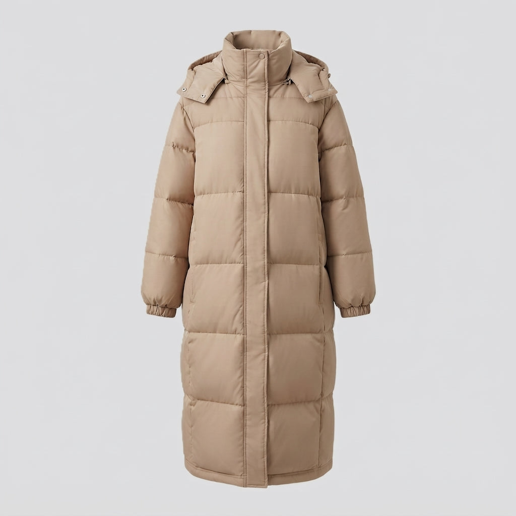 Women's extra long quilted thermal coat with hood, two-way zipper and noise-reducing outer material
