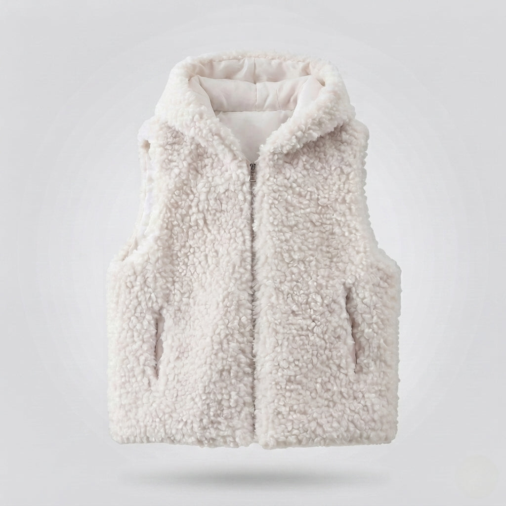 Women's sleeveless teddy vest with hood, padded lining and practical side pockets