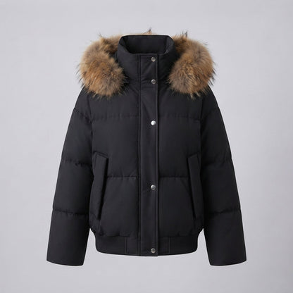 Women’s short oversized puffer bomber with removable faux fur trim and concealed zipper placket