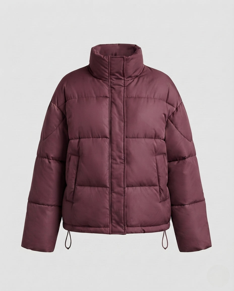 Ladies nan short boxy puffer with ergonomic hood collar, adjustable hem and concealed front placket