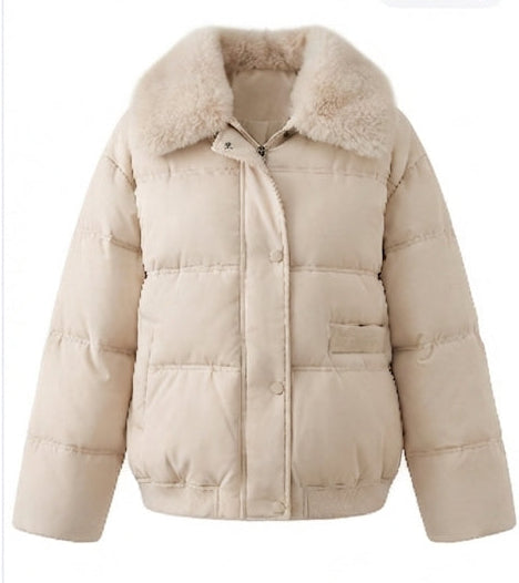 Women’s short boxy quilted jacket with detachable faux fur trim, high collar, and concealed snap button and zipper