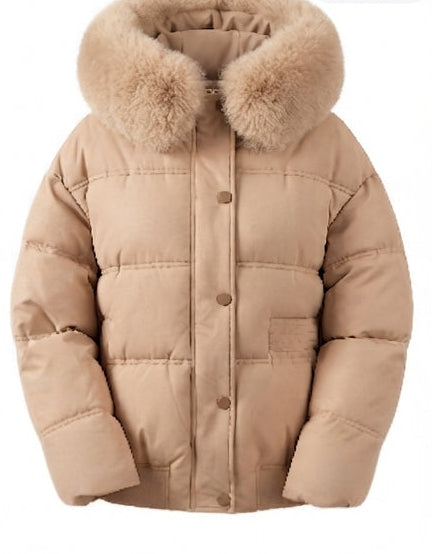 Women’s short boxy quilted jacket with detachable faux fur trim, high collar, and concealed snap button and zipper