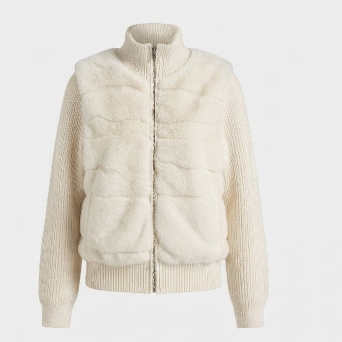 Women's short cardigan with contrasting faux fur front, zipper and high stand-up collar