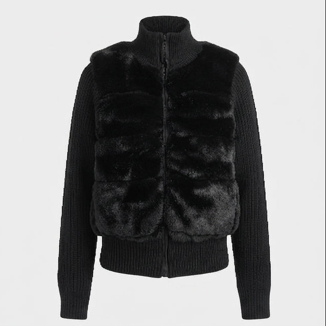 Women's short cardigan with contrasting faux fur front, zipper and high stand-up collar