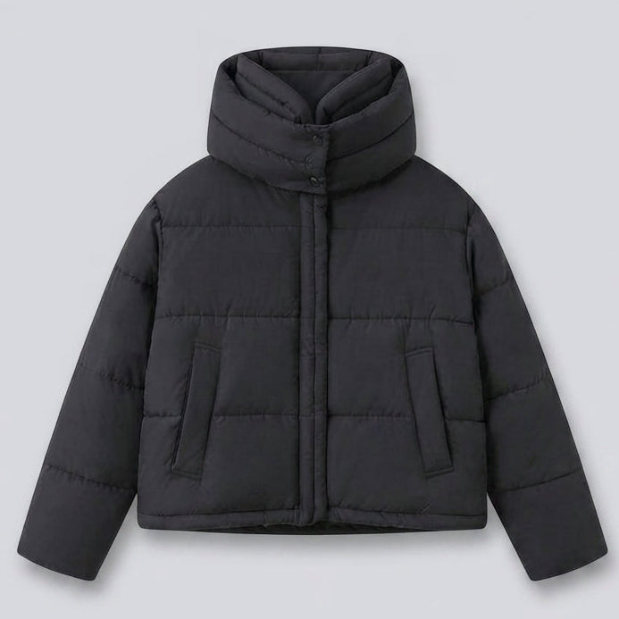 Women's nan boxy short quilted jacket with extra high hood trim and soft cuffs